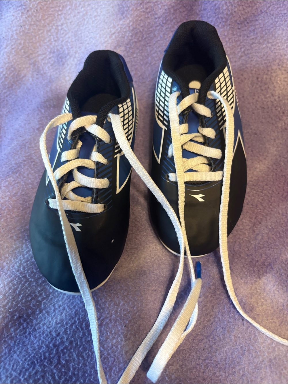 Diadora Blue, Black & White Athletic soccer cleats with White Laces